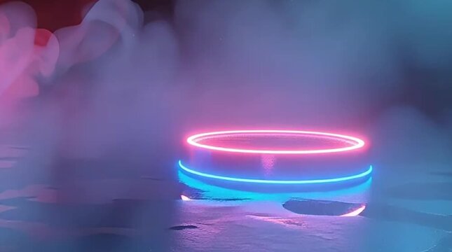 A futuristic scene features glowing cylindrical platforms enveloped in vibrant pink and blue smoke on a dark, wet reflective surface, perfect for digital backgrounds.