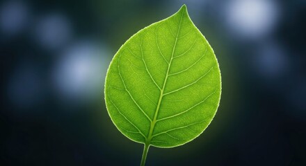 Close-up of a vibrant green leaf with prominent veins against a blurred bokeh background