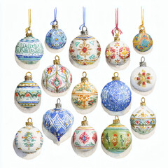 Watercolor Illustration of various red Christmas ornament balls on white background, AI generated