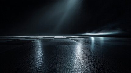 A dark room with a checkered floor and a light shining down from the ceiling above it all