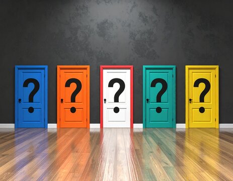 Choose your future with colorful doors marked with questions, select the right path, a concept of decision, uncertainty and options for life and business