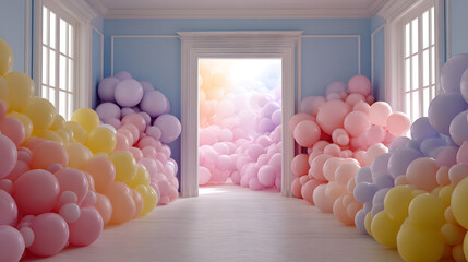 Fantasy-style room filled with colorful balloons forming a magical, heavenly doorway, creating a whimsical and dreamlike atmosphere.
