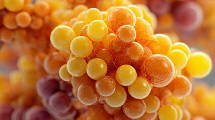 Vibrant cluster of glossy spheres in warm yellow and orange tones offers a modern and dynamic texture for science, design, or technology visuals