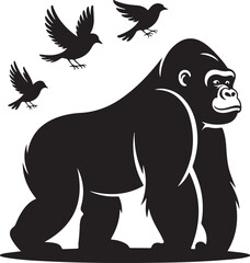 Silhouette of a Gorilla with Birds Flying Around in the Sky
