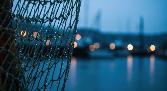 Close-up of fishing net with water droplets, blurred background of boats at dock - Powered by Adobe