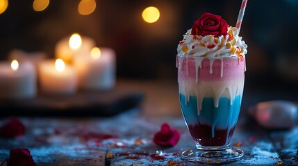 A milkshake with colorful layers topped with whipped cream and red rose in candlelight
