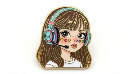 Naklejka premium Anime girl gamer pin with vibrant headphones for streamers and esports enthusiasts gift