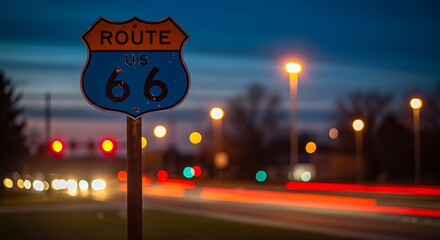 Night scene featuring the iconic road sign along a road with blurred car lights