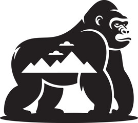 Strong gorilla silhouette with mountain range and clouds inside body