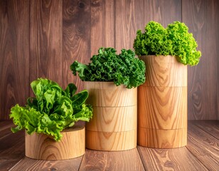Three wooden containers filled with fresh green leafy vegetables on a rustic wooden background.