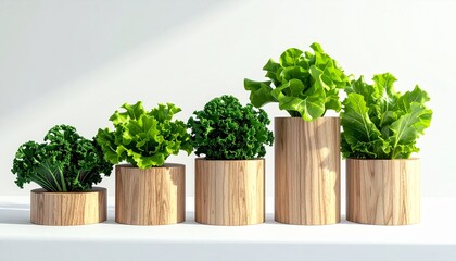 Five wooden pots with various green leafy plants growing in a row, showing different stages of growth.