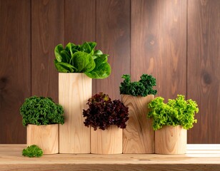 Various fresh green and red leafy vegetables displayed artfully in wooden planters on a rustic wooden table.