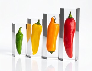 Four colorful peppers of increasing size, from green to red, each encased in a clear acrylic block, arranged in a rising step formation on a white background.