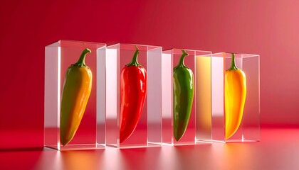 Five colorful chili peppers individually encased in clear acrylic blocks on a vibrant red background.