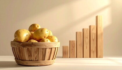 A wooden basket filled with fresh potatoes next to an ascending bar graph made of wooden blocks, symbolizing growth.
