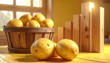 Fresh yellow potatoes in a wooden basket and on a table with wooden blocks.