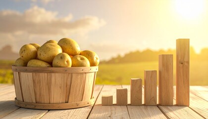 Wooden basket filled with fresh potatoes beside a rising bar graph under a golden sunset.