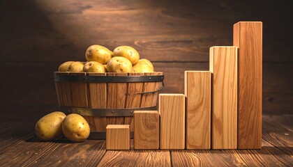 Rustic scene with potatoes in a barrel and a rising wooden bar chart on a wooden surface.