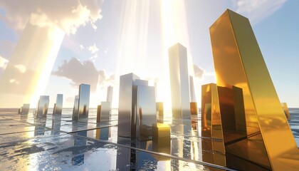 Abstract cityscape with towering golden and silver reflective pillars under dramatic sun rays and a cloudy sky, creating a futuristic and opulent scene.