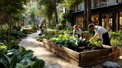 Dedicated chefs tending vibrant urban garden beds brimming with fresh produce, cultivating healthy ingredients for culinary excellence.