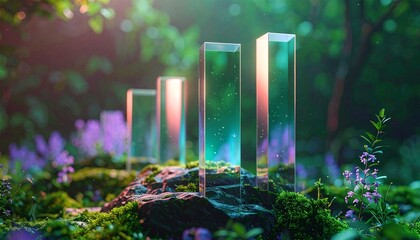 Crystal bar graph pillars rising in a mystical mossy forest with purple flowers and ethereal light.