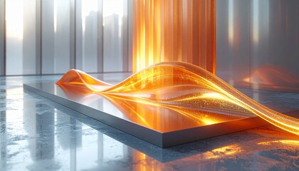 Abstract glowing orange wave on reflective surface in futuristic setting.