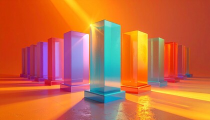 Row of colorful translucent rectangular pillars with light reflections on a warm orange background.