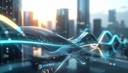 Abstract digital data streams flowing through a futuristic city skyline at sunset.