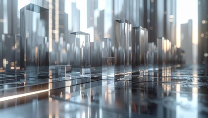 Abstract futuristic cityscape with clear glass skyscrapers reflecting on a polished surface, bathed in soft, glowing light.