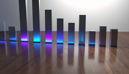 Abstract representation of data visualization with glowing bar graph elements on a reflective wooden surface.