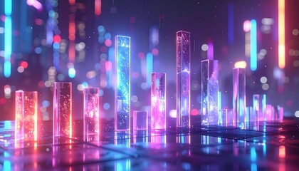 Abstract digital cityscape with glowing neon light bars representing data or futuristic architecture.