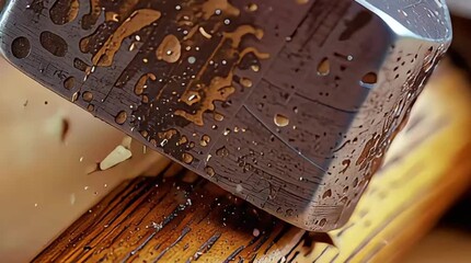 Close-up detail of a textured metal tool head securely joined to a rustic wooden handle, showcasing craftsmanship and robust materials. - Powered by Adobe