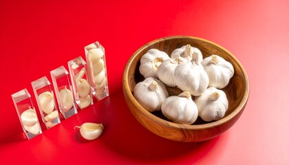 Garlic bulbs in a wooden bowl and cloves arranged in a bar graph on a vibrant red background.