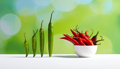 A row of green chili peppers of increasing size next to a bowl of red chilies on a white surface with a green background.