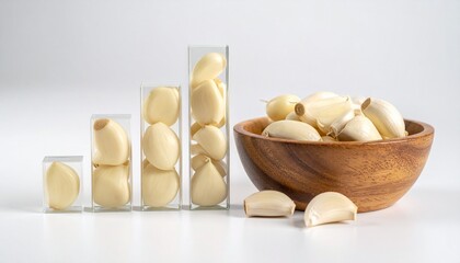 Peeled garlic cloves displayed in clear containers resembling a bar chart next to a wooden bowl filled with more garlic on a white background.