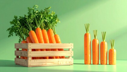 Fresh orange carrots with green tops in a wooden crate and arranged by size on a light green background.