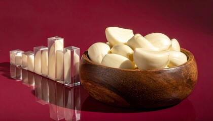 Peeled garlic cloves in a wooden bowl next to a transparent bar graph on a red background.
