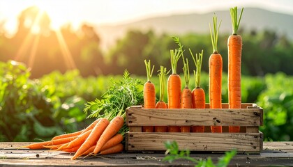 Vibrant orange carrots, some arranged like a growth chart in a wooden crate, with a bright sunny agricultural field in the background.