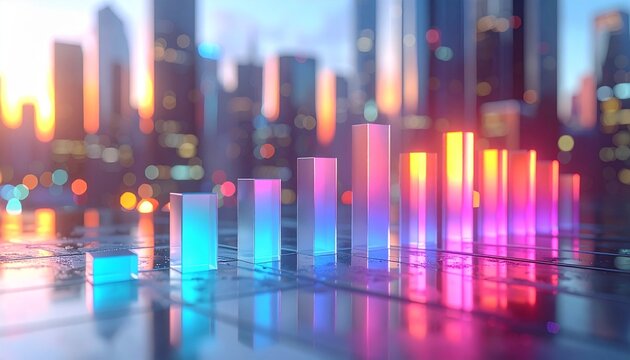 Vibrant glowing bar graphs representing data analytics in a modern city skyline at sunset.