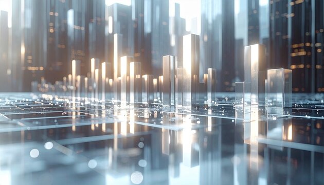 Abstract futuristic cityscape with glowing data points and reflective surfaces, depicting a modern technological urban landscape.