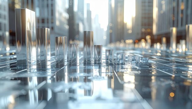 Futuristic abstract cityscape with reflective structures on a grid, symbolizing data and technology.