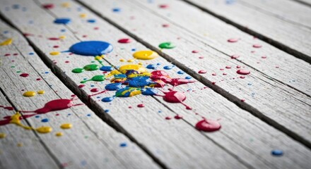 Naklejka premium Colorful paint splatters on weathered, white-painted wooden planks. Close-up, angled shot