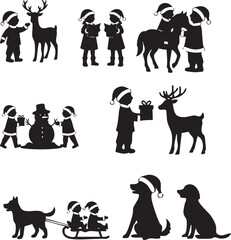 Obraz premium Christmas Kids and Animals Silhouette Vector SetHoliday Children Activities and Santa Hat CollectionBlack and White Winter Fun Icons with Reindeer, Snowman, and Dogs
