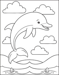 Jumping dolphin cartoon character outline for kids coloring book page activity, simple marine animal illustration.