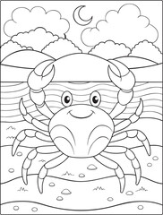 Friendly cartoon crab illustration on sandy beach with ocean waves, clouds and a crescent moon line art