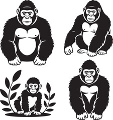 Vector Illustration of Four Gorillas in Various Poses on White Background