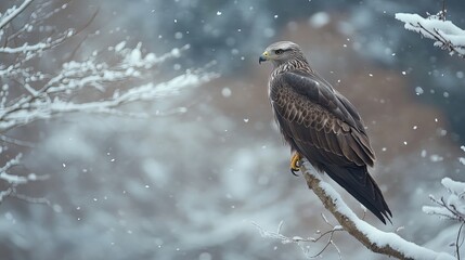 Black kite perched on tree branch in winter forest, milvus migrans wildlife in japan, asian bird nature scene