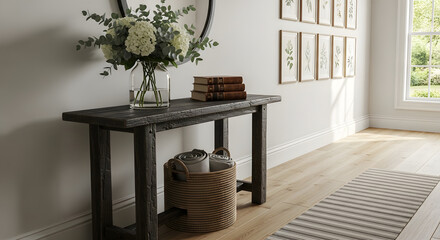 Elegant Console Table with Floral Arrangement in Modern Interior.