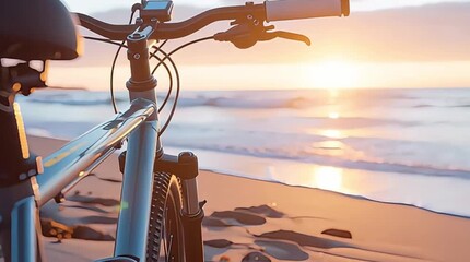 A bicycle rests on a tranquil sandy beach as the sun sets over the sparkling ocean waves, evoking a sense of peaceful adventure and freedom.