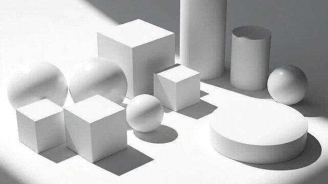 Geometric Shapes Still Life with Dramatic Shadows and Soft Lighting on a White Surface Studio Setup